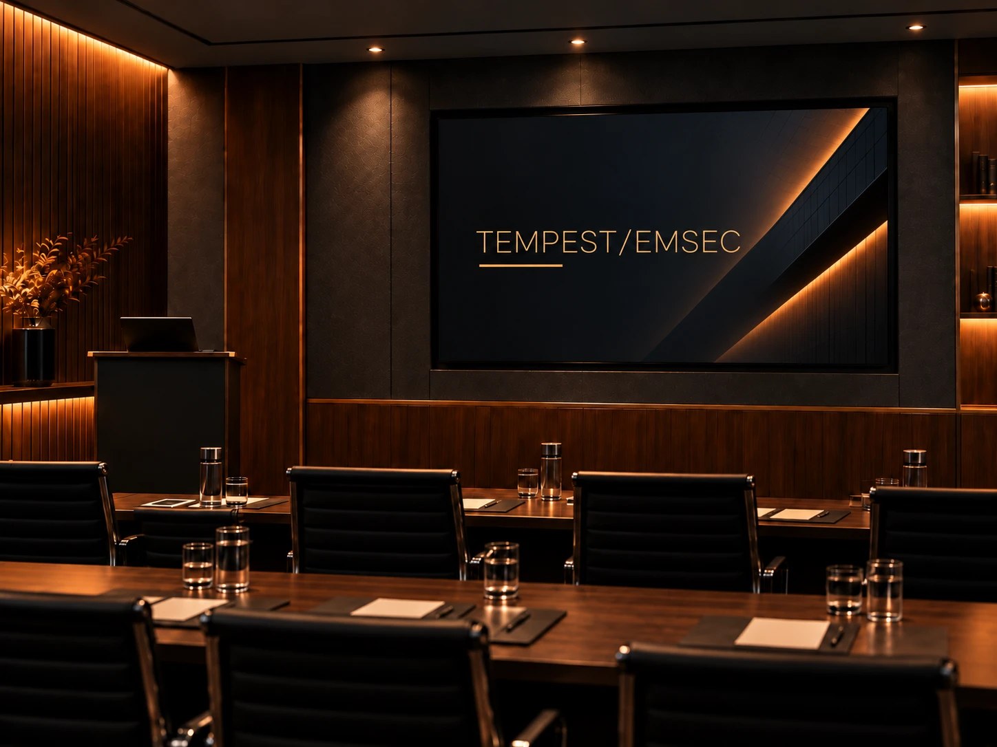 Directiekamer met een presentatiescherm waarop TEMPEST/EMSEC staat
