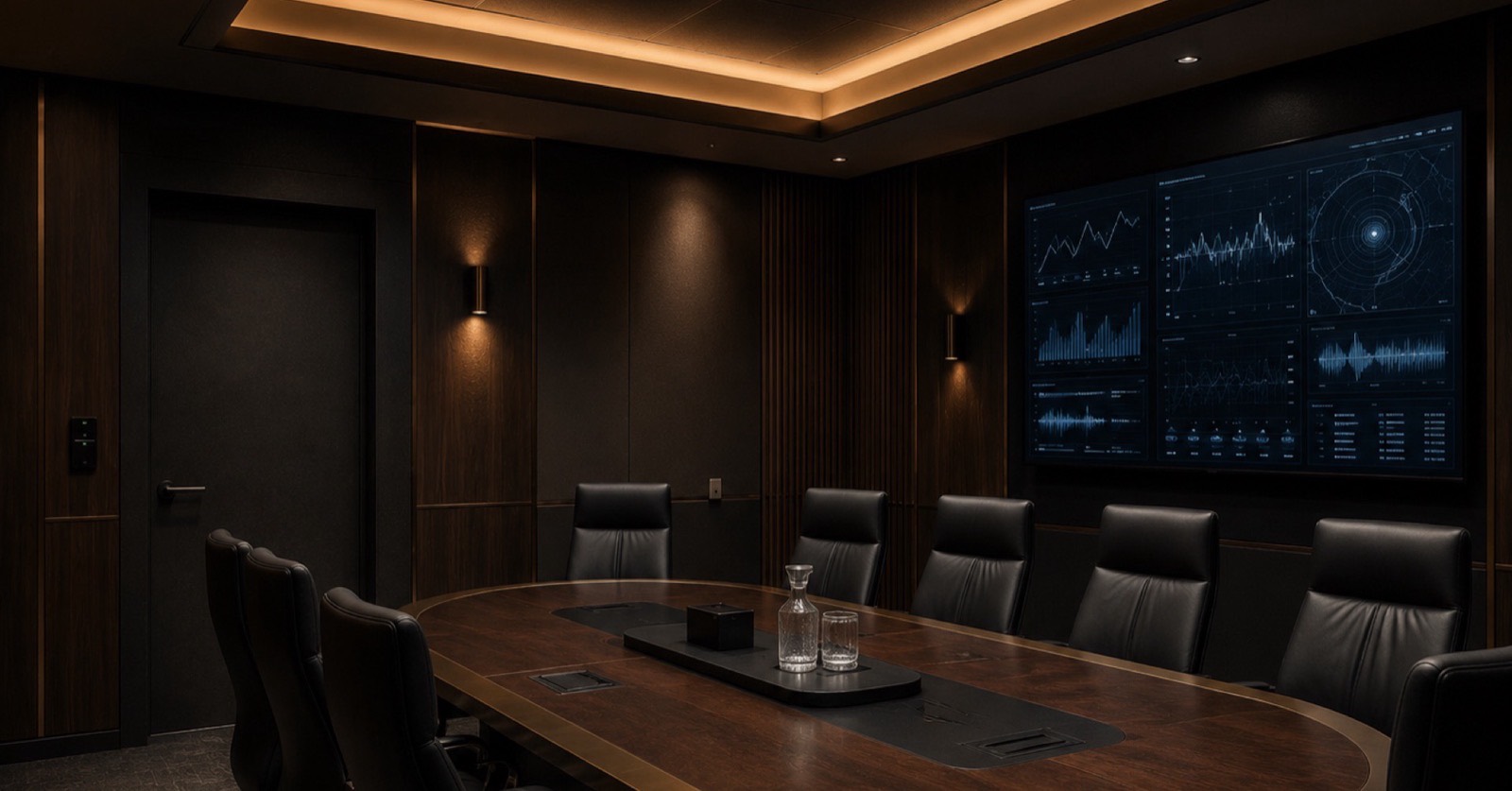 Lege directiekamer met vergadertafel en een beeldscherm aan de wand